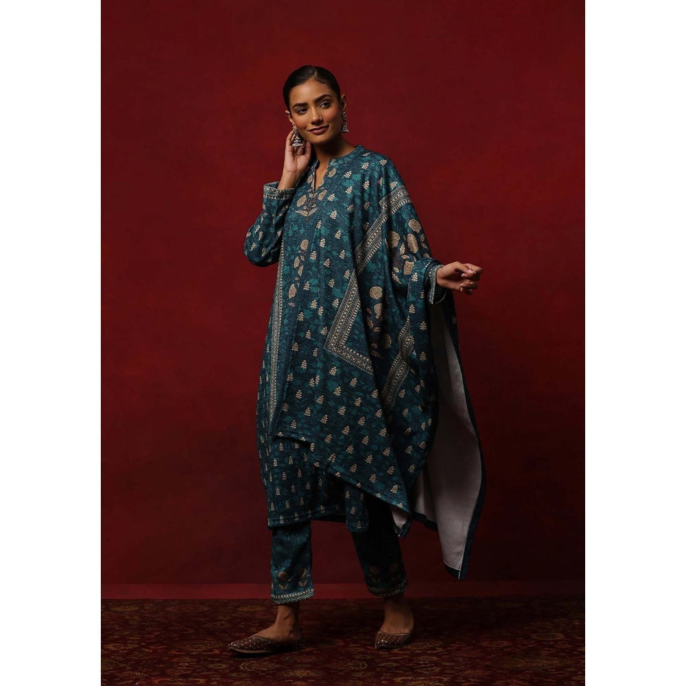 House of Chikankari Teal Woollen Printed Women's Kurta With Pant And Dupatta