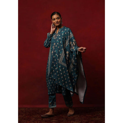 House of Chikankari Teal Woollen Printed Women's Kurta With Pant And Dupatta
