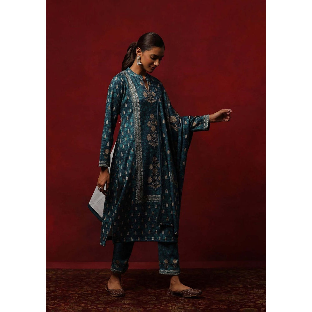 House of Chikankari Teal Woollen Printed Women's Kurta With Pant And Dupatta