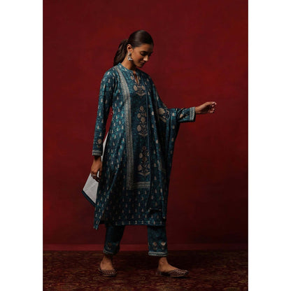 House of Chikankari Teal Woollen Printed Women's Kurta With Pant And Dupatta