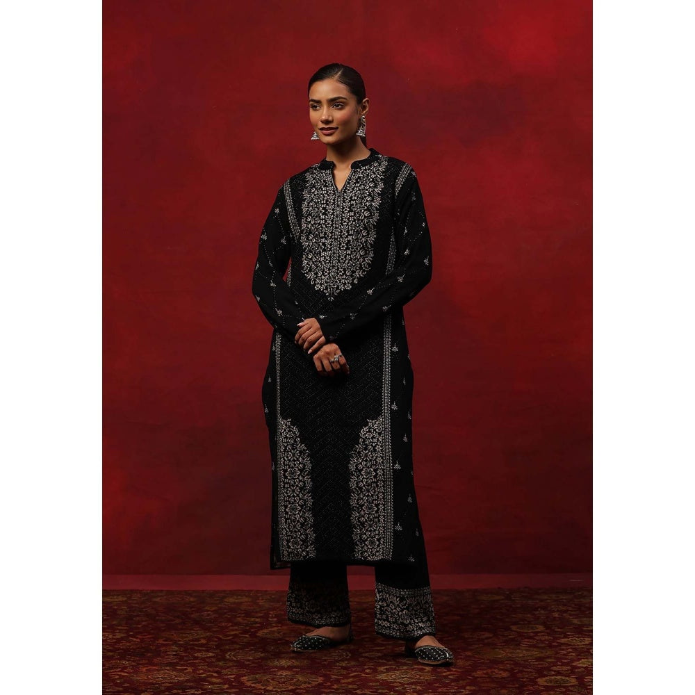 House of Chikankari Black Woollen Embellished Women's Kurta With Pant And Dupatta