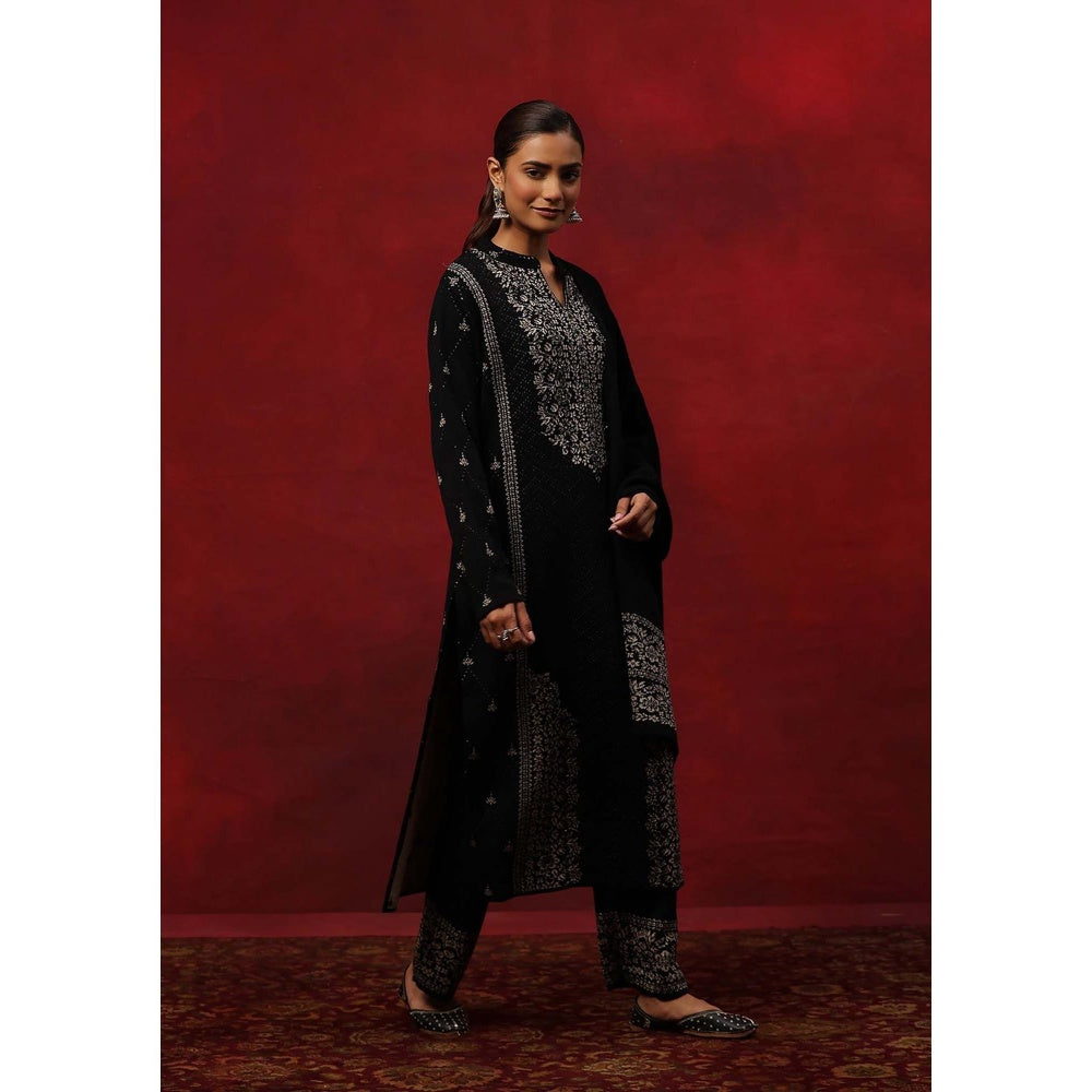 House of Chikankari Black Woollen Embellished Women's Kurta With Pant And Dupatta