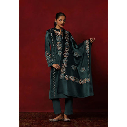 House of Chikankari Teal Velvet Embroidered Women's Kurta With Pant And Dupatta