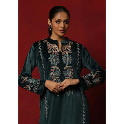 House of Chikankari Teal Velvet Embroidered Women's Kurta With Pant And Dupatta