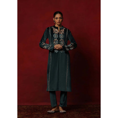 House of Chikankari Teal Velvet Embroidered Women's Kurta With Pant And Dupatta