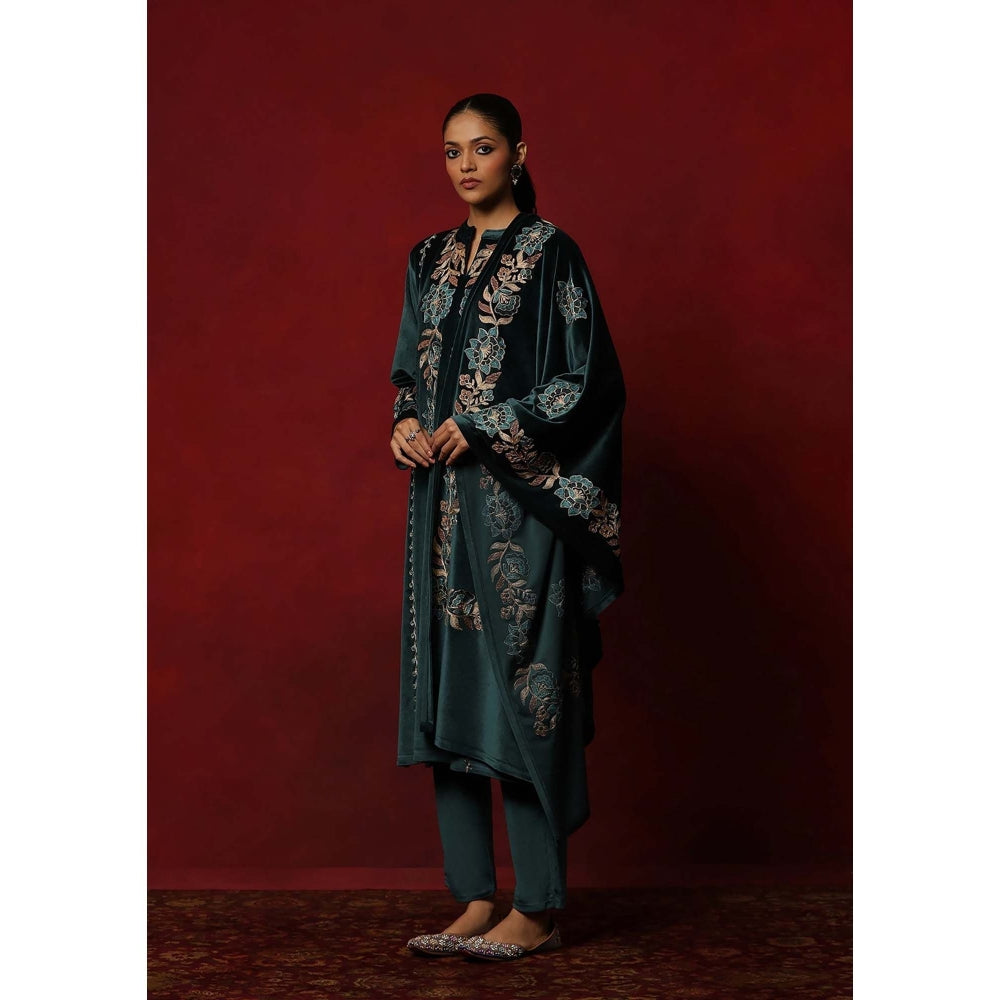 House of Chikankari Teal Velvet Embroidered Women's Kurta With Pant And Dupatta