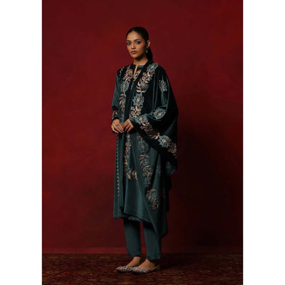 House of Chikankari Teal Velvet Embroidered Women's Kurta With Pant And Dupatta