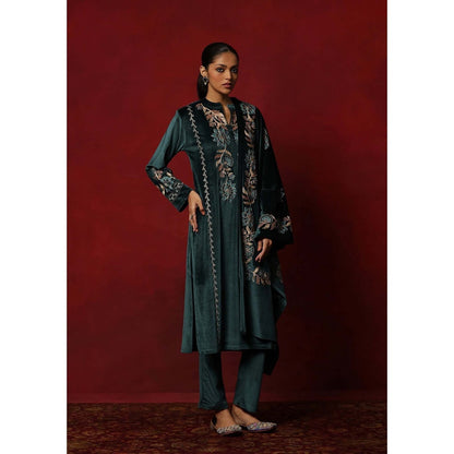 House of Chikankari Teal Velvet Embroidered Women's Kurta With Pant And Dupatta
