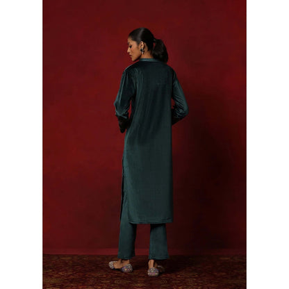 House of Chikankari Teal Velvet Embroidered Women's Kurta With Pant And Dupatta