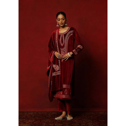 House of Chikankari Maroon Velvet Embroidered Women's Kurta With Pant And Dupatta