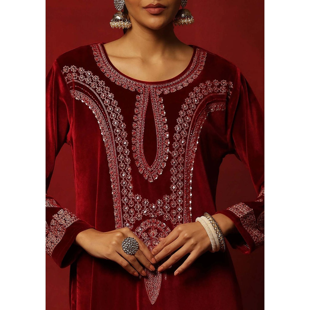 House of Chikankari Maroon Velvet Embroidered Women's Kurta With Pant And Dupatta