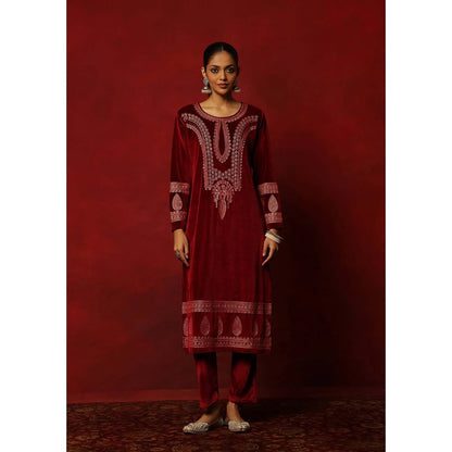 House of Chikankari Maroon Velvet Embroidered Women's Kurta With Pant And Dupatta