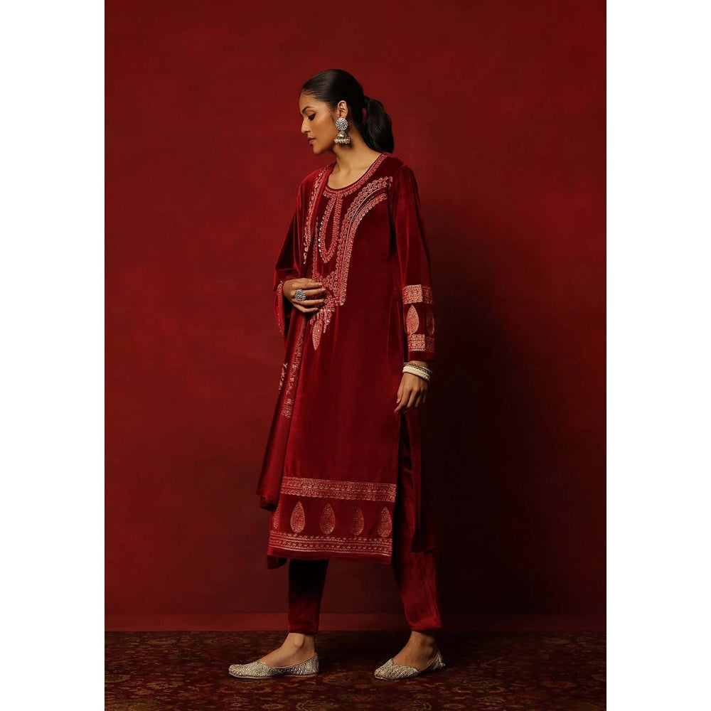 House of Chikankari Maroon Velvet Embroidered Women's Kurta With Pant And Dupatta