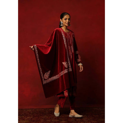 House of Chikankari Maroon Velvet Embroidered Women's Kurta With Pant And Dupatta