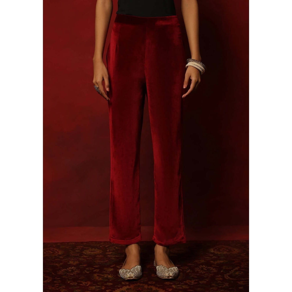 House of Chikankari Maroon Velvet Embroidered Women's Kurta With Pant And Dupatta
