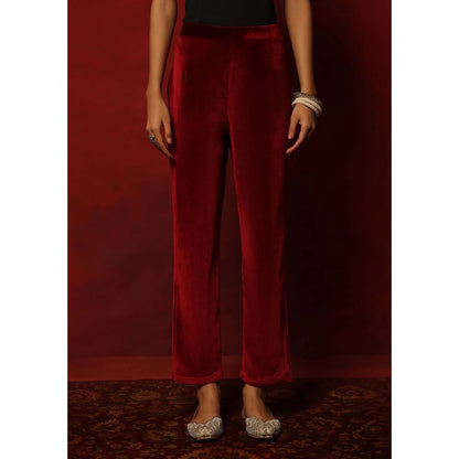 House of Chikankari Maroon Velvet Embroidered Women's Kurta With Pant And Dupatta