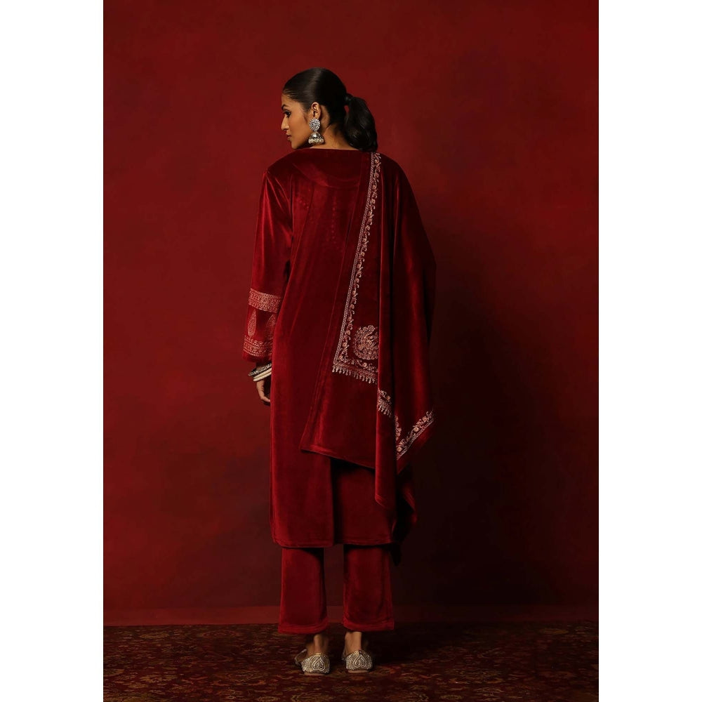 House of Chikankari Maroon Velvet Embroidered Women's Kurta With Pant And Dupatta
