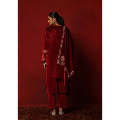 House of Chikankari Maroon Velvet Embroidered Women's Kurta With Pant And Dupatta