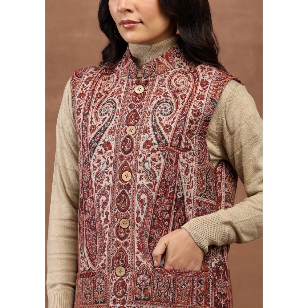 House of Chikankari Kani Weave Women's Jacket-Red