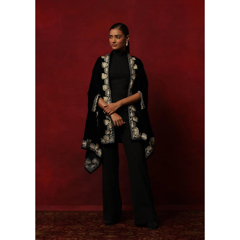 House of Chikankari Velvet Zari Embroidered Solid Women's Cape -Black