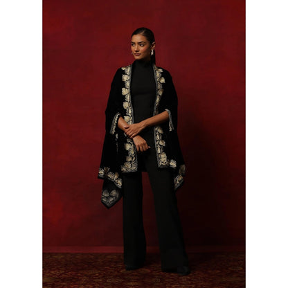 House of Chikankari Velvet Zari Embroidered Solid Women's Cape -Black