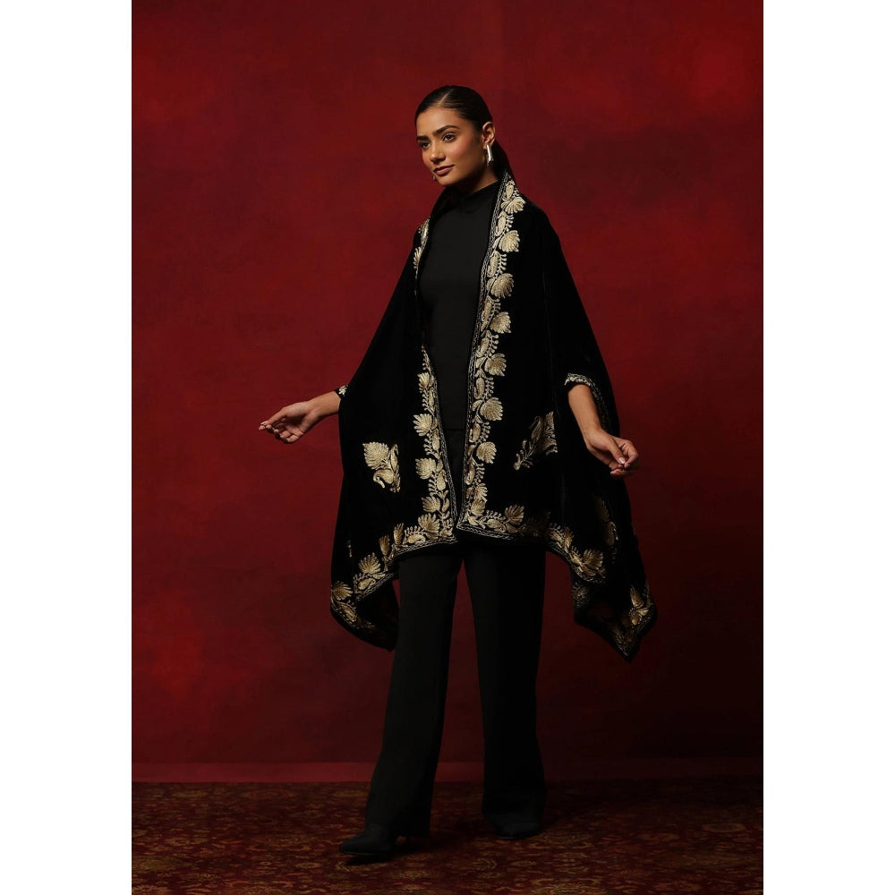 House of Chikankari Velvet Zari Embroidered Solid Women's Cape -Black