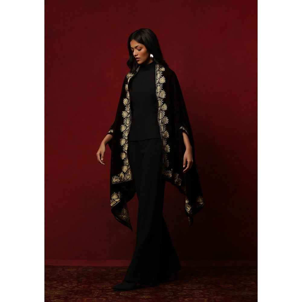 House of Chikankari Velvet Zari Embroidered Solid Women's Cape -Brown