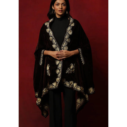 House of Chikankari Velvet Zari Embroidered Solid Women's Cape -Brown