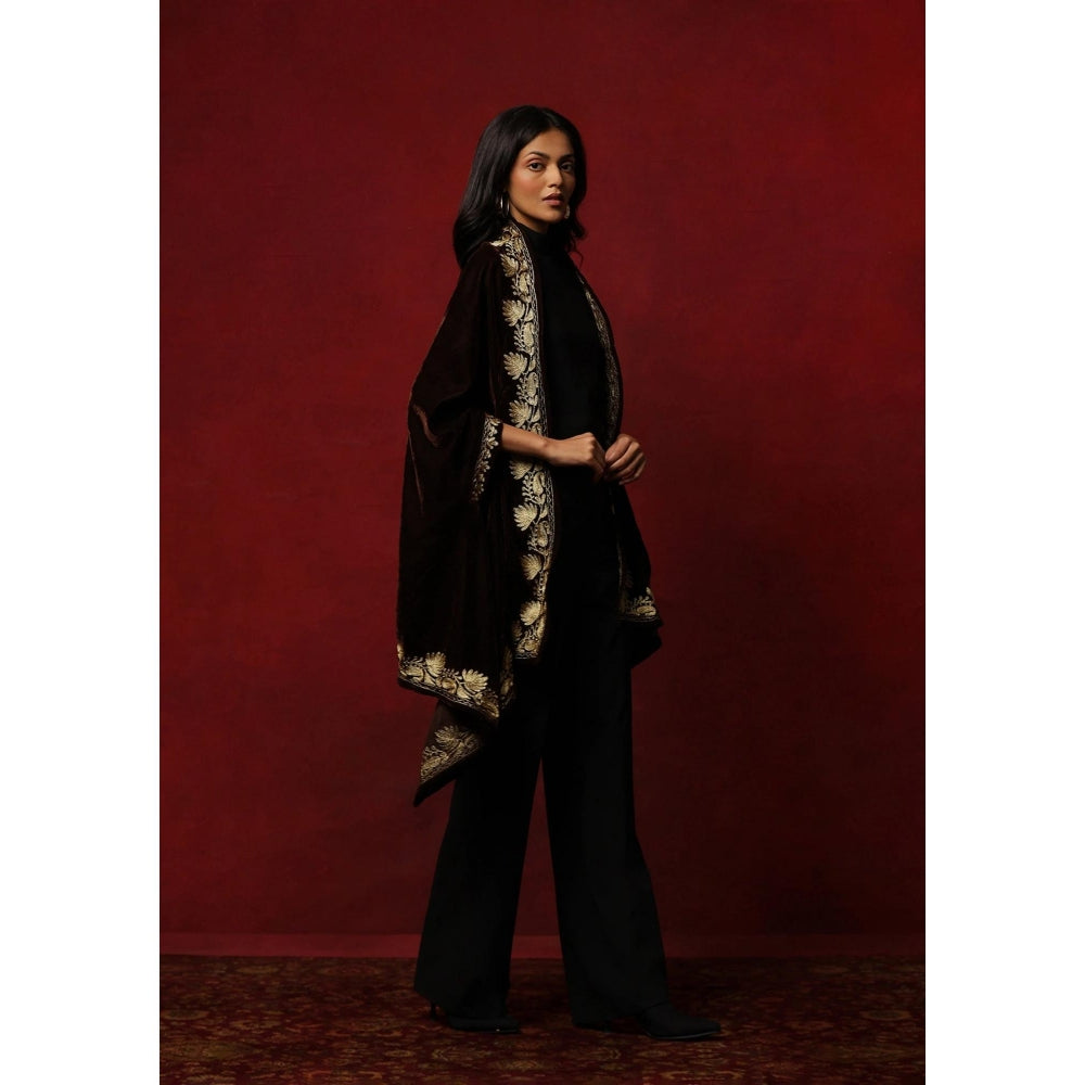 House of Chikankari Velvet Zari Embroidered Solid Women's Cape -Brown