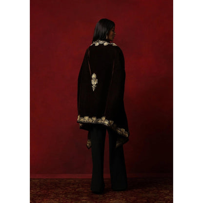 House of Chikankari Velvet Zari Embroidered Solid Women's Cape -Brown