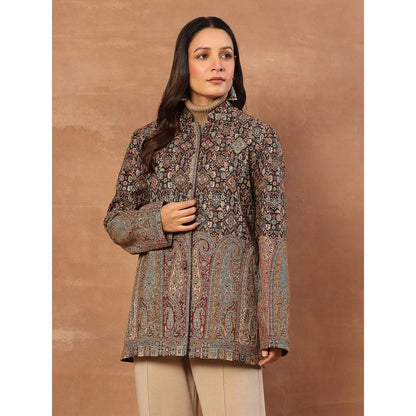 House of Chikankari Kashmiri Wool Kani Embroidered Women's Short Jacket Black