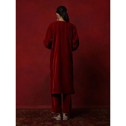House of Chikankari Maroon Hoc Velvet Tilla Embroidered Solid Women's 2 Pc Phiran Set