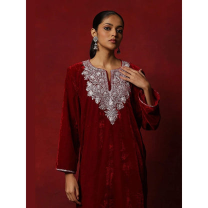 House of Chikankari Maroon Hoc Velvet Tilla Embroidered Solid Women's 2 Pc Phiran Set