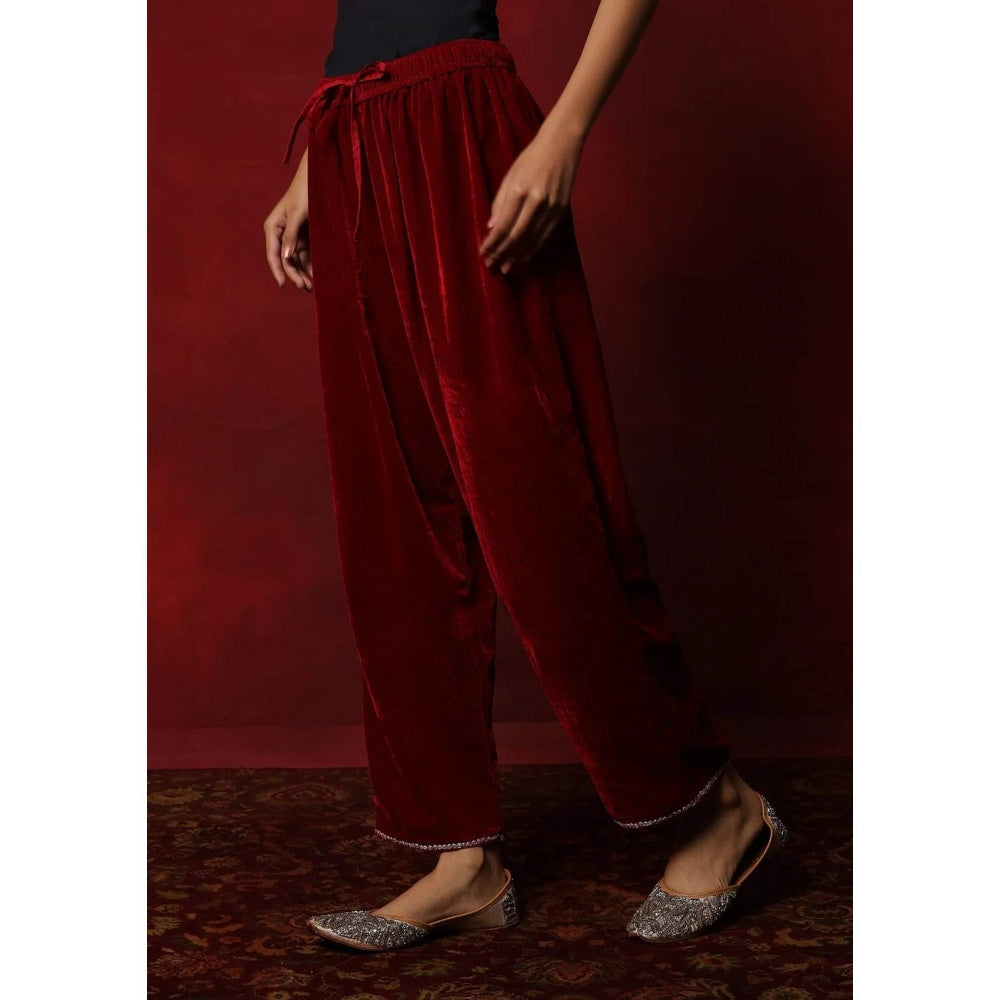 House of Chikankari Maroon Hoc Velvet Tilla Embroidered Solid Women's 2 Pc Phiran Set