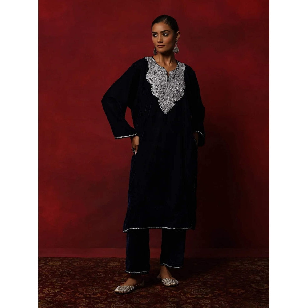 House of Chikankari Navy Blue Hoc Velvet Tilla Embroidered Solid Women's 2 Pc Phiran Set