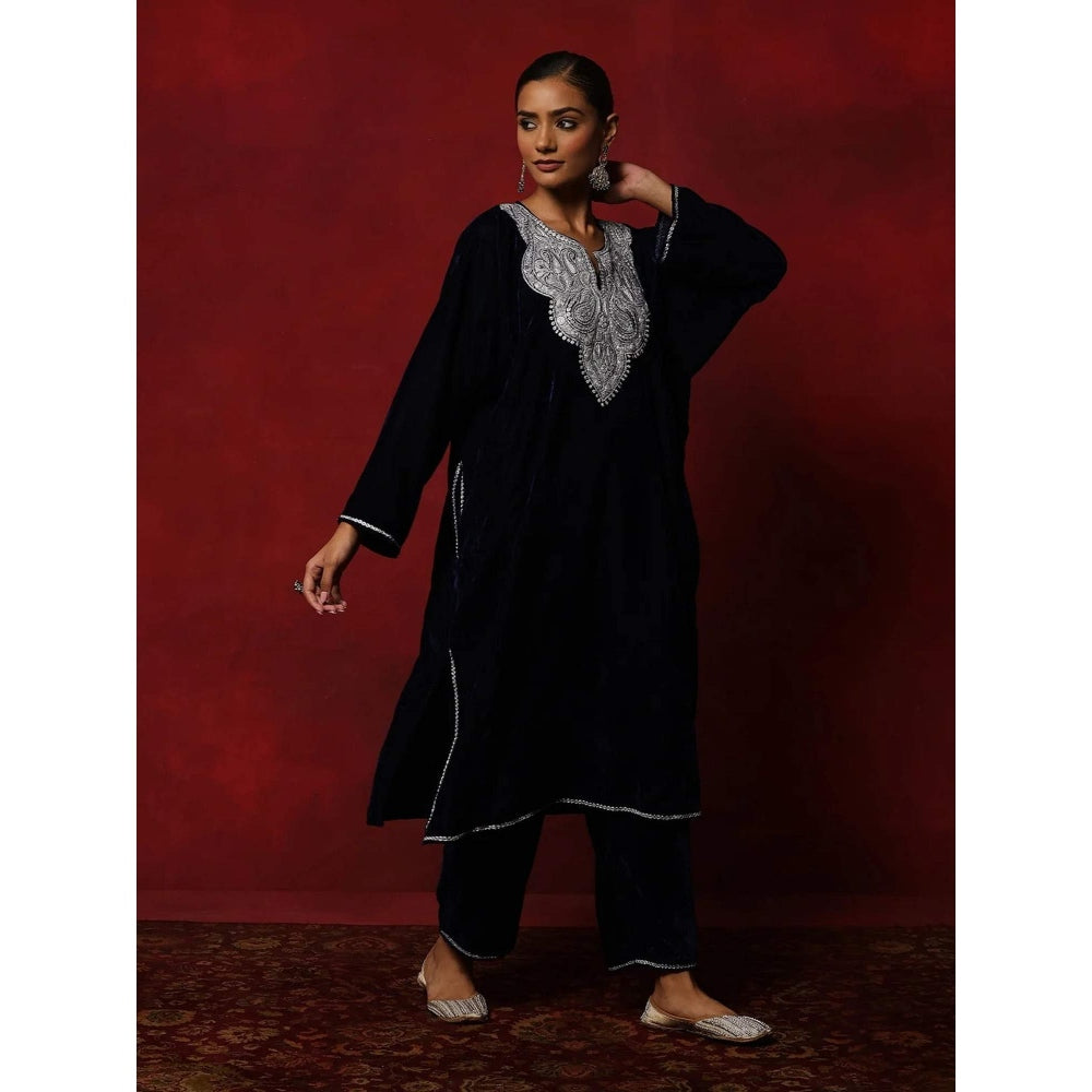 House of Chikankari Navy Blue Hoc Velvet Tilla Embroidered Solid Women's 2 Pc Phiran Set