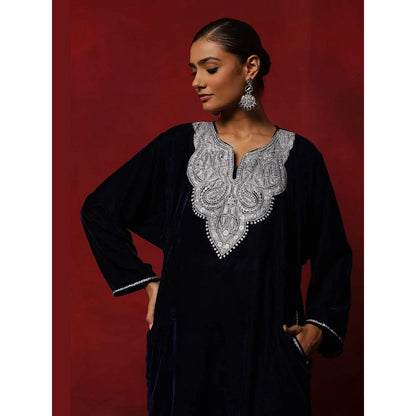 House of Chikankari Navy Blue Hoc Velvet Tilla Embroidered Solid Women's 2 Pc Phiran Set