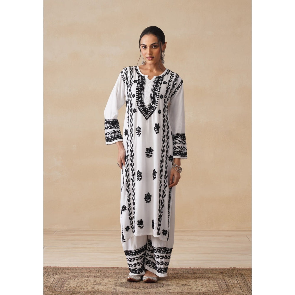 House of Chikankari White Rayon Chikankari Long Kurta with Palazzo