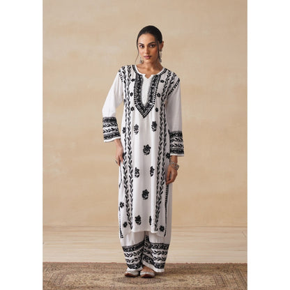 House of Chikankari White Rayon Chikankari Long Kurta with Palazzo