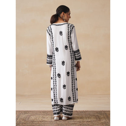 House of Chikankari White Rayon Chikankari Long Kurta with Palazzo