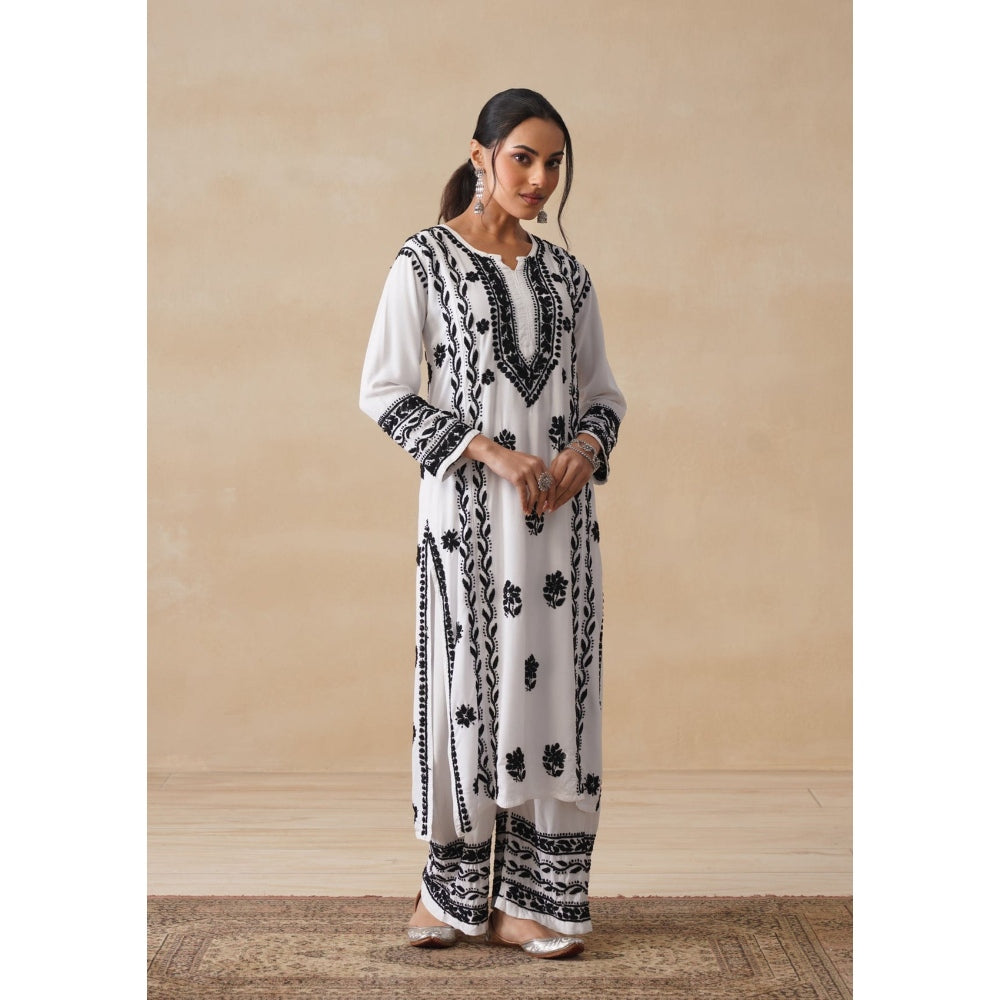 House of Chikankari White Rayon Chikankari Long Kurta with Palazzo