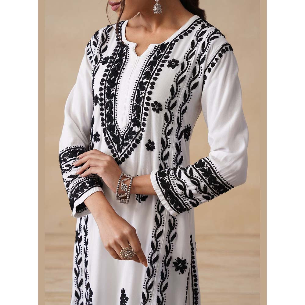 House of Chikankari White Rayon Chikankari Long Kurta with Palazzo