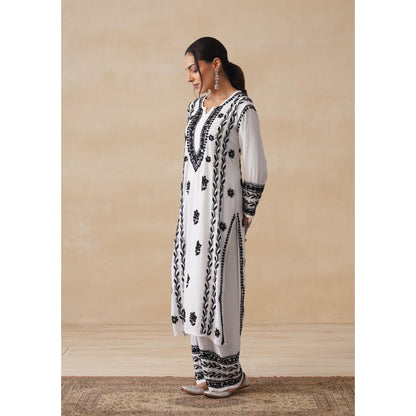 House of Chikankari White Rayon Chikankari Long Kurta with Palazzo
