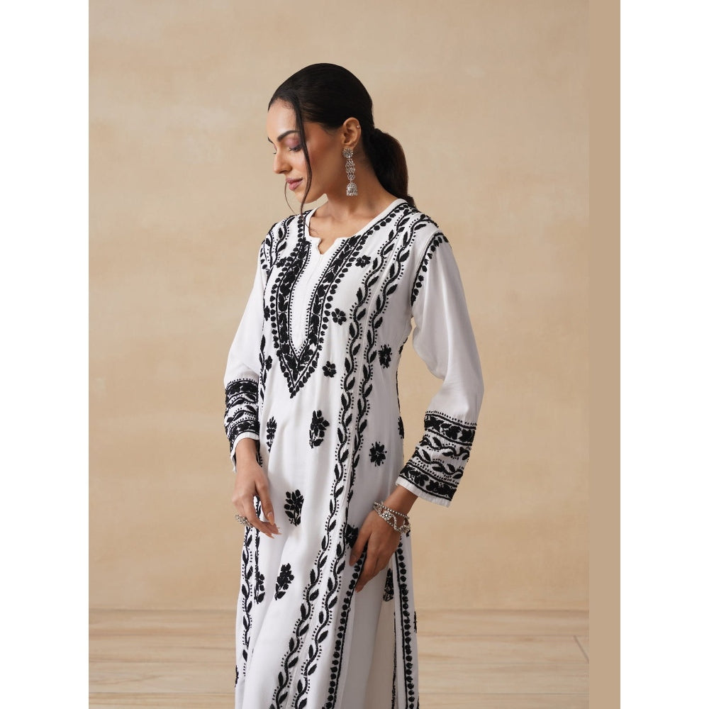 House of Chikankari White Rayon Chikankari Long Kurta with Palazzo