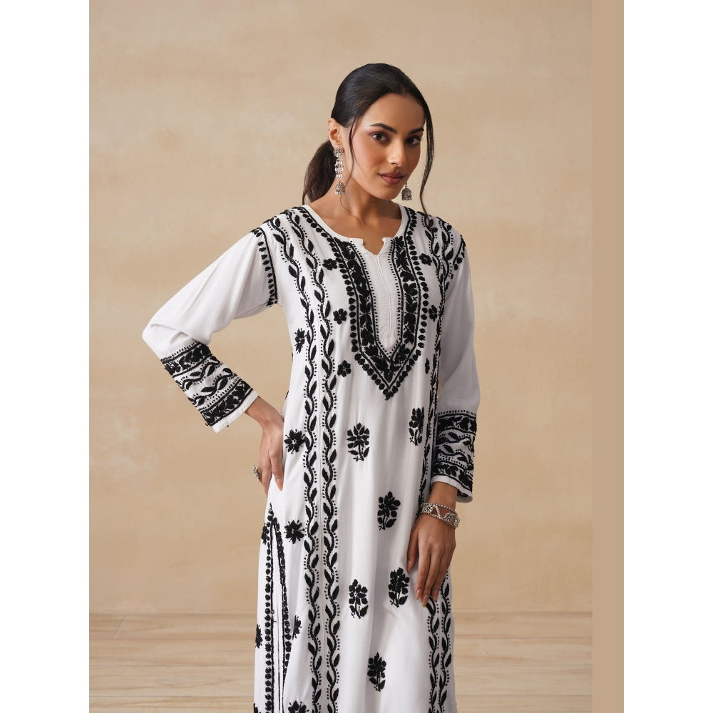 House of Chikankari White Rayon Chikankari Long Kurta with Palazzo