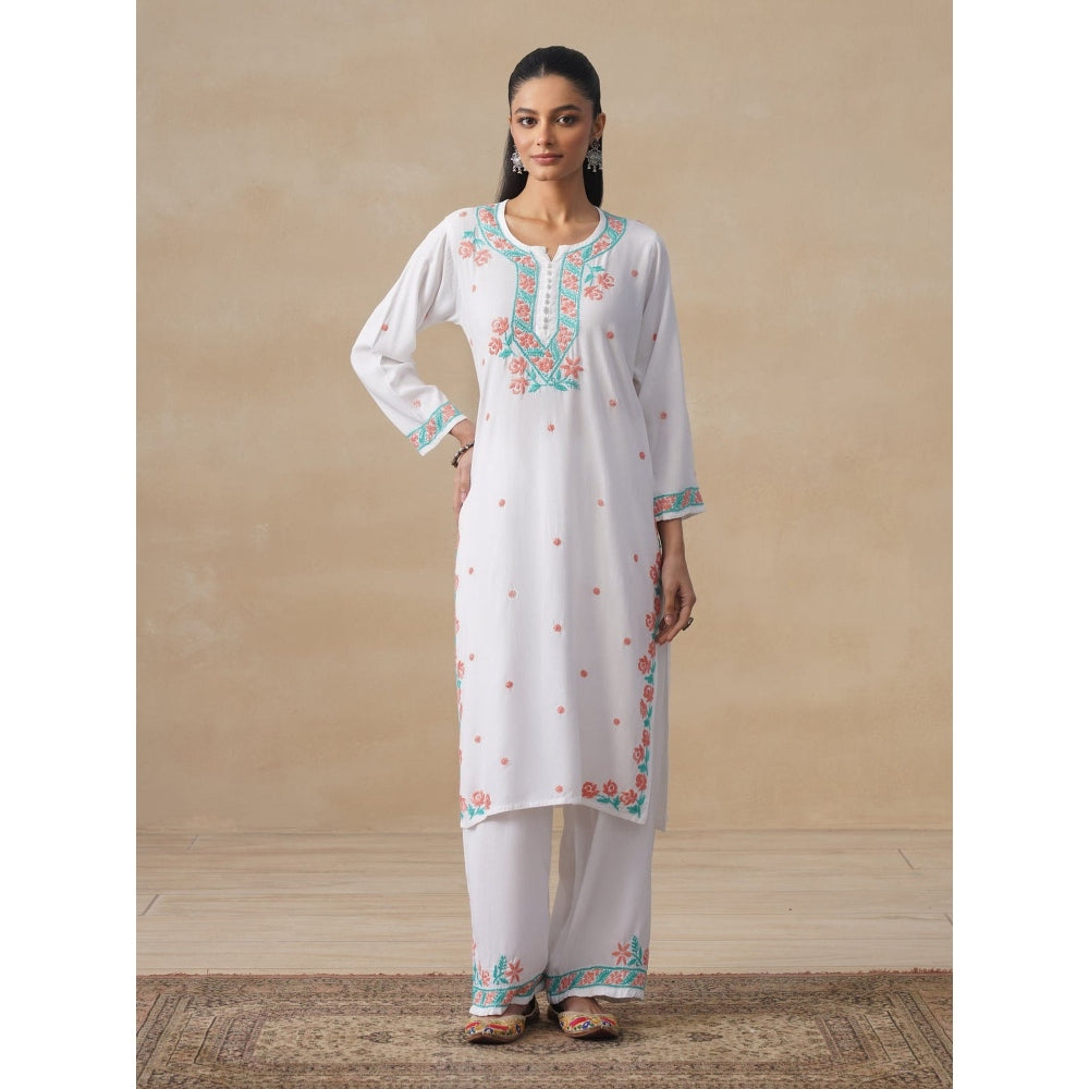 House of Chikankari White Rayon Chikankari Womens Long Kurta with Pant
