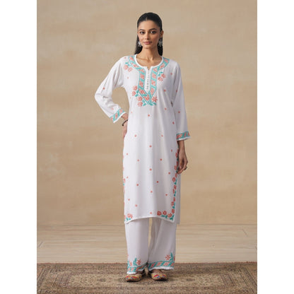 House of Chikankari White Rayon Chikankari Womens Long Kurta with Pant