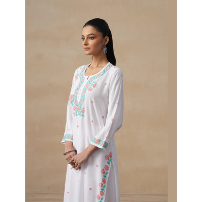 House of Chikankari White Rayon Chikankari Womens Long Kurta with Pant