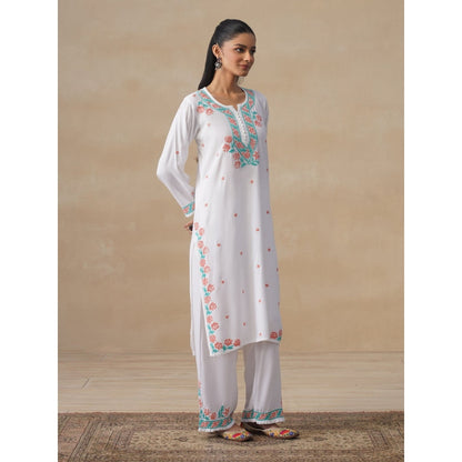 House of Chikankari White Rayon Chikankari Womens Long Kurta with Pant