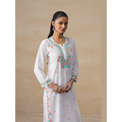 House of Chikankari White Rayon Chikankari Womens Long Kurta with Pant